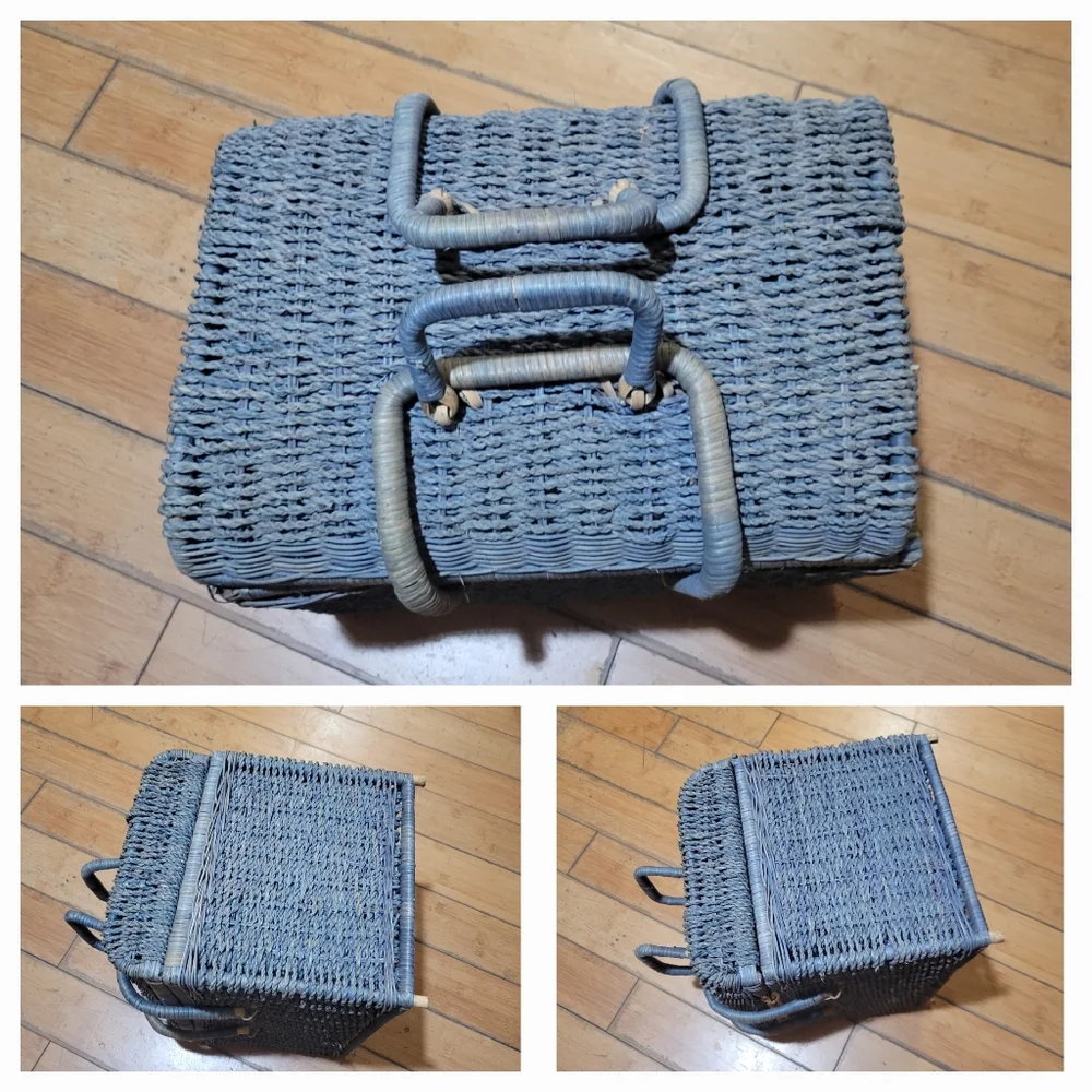 Large Vintage Fabric Lined Sun Bleached Teal Color Picnic Basket